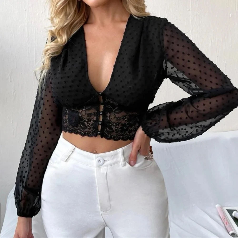 Boho black Swiss dot lace button detail crop top